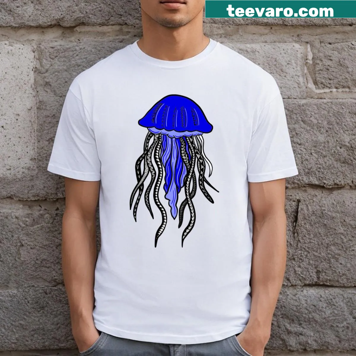 Tribal jellyfish graphic t-shirt — on a men's t-shirt