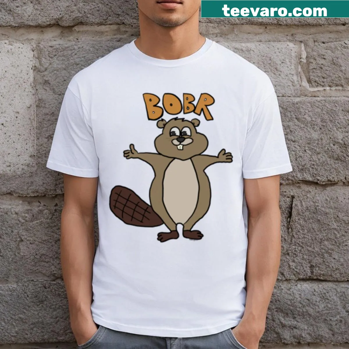 Cartoon illustration of Bobr the Beaver on a T-shirt — on a men's t-shirt