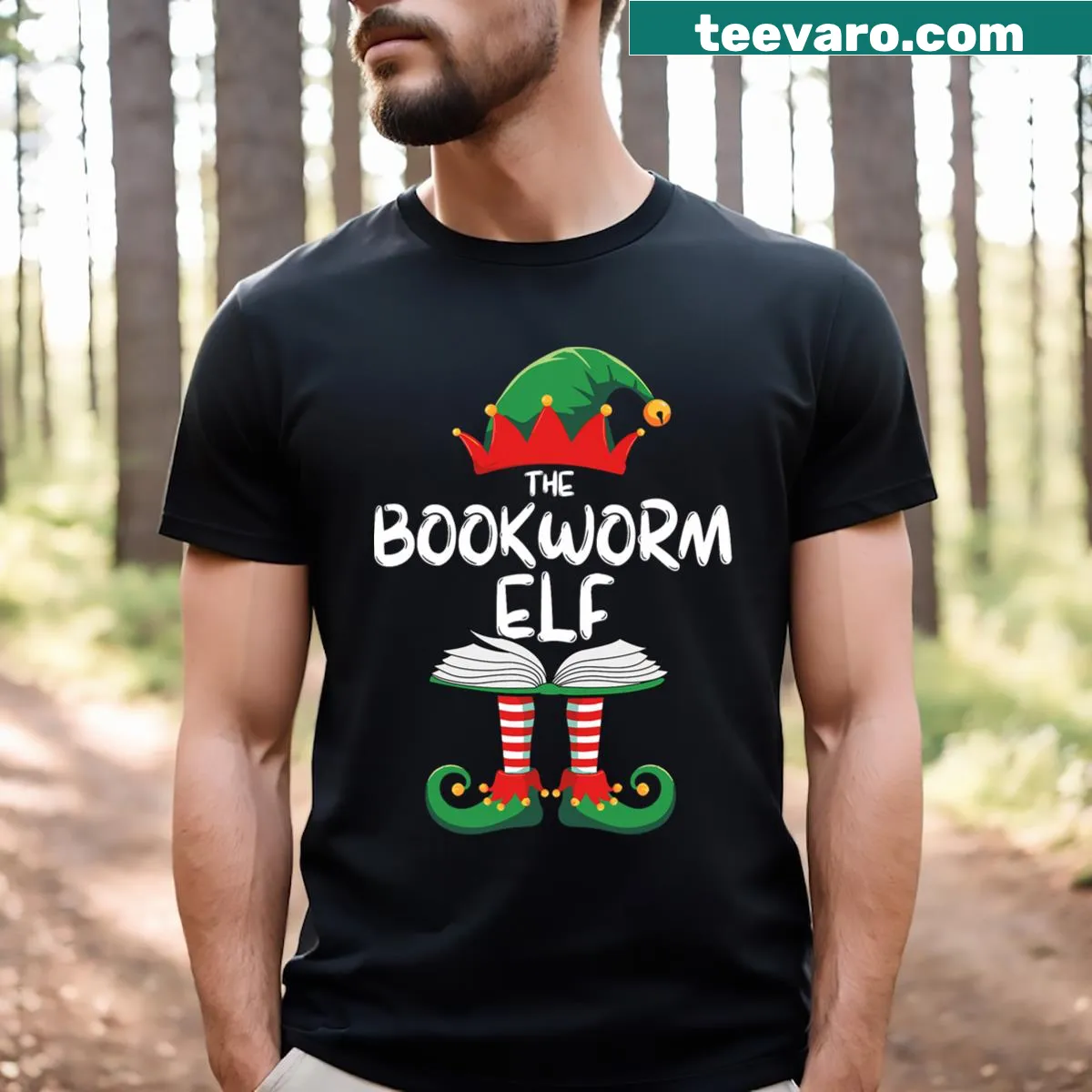 Matching Christmas T-shirt featuring a bookworm elf design — on a men's t-shirt