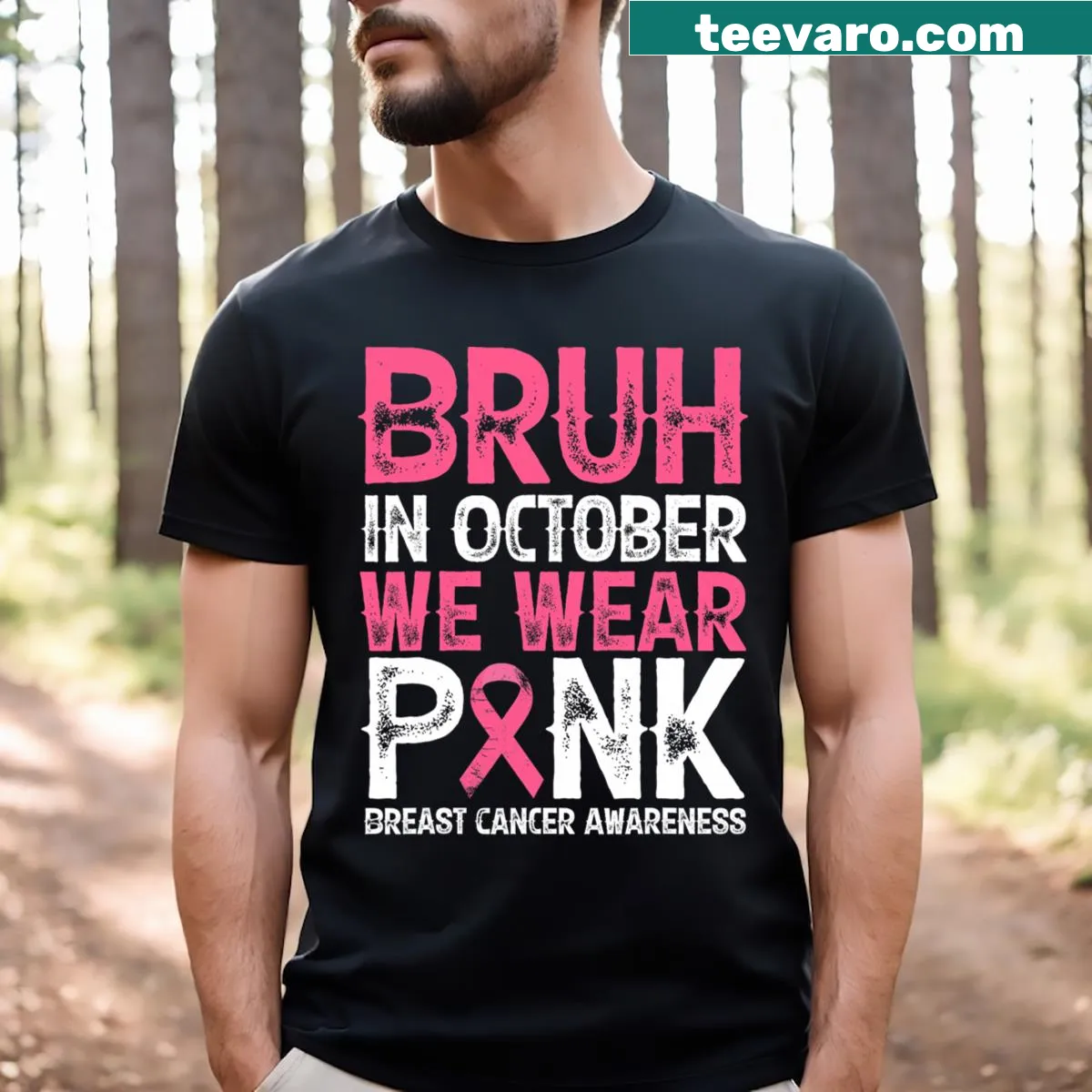 Breast cancer awareness T-shirt with text 'Bruh, In October We Wear Pink.' — on a men's t-shirt