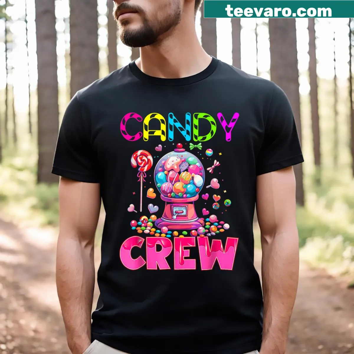 Whimsical Candy Squad t-shirt featuring playful candy-themed graphics — on a men's t-shirt