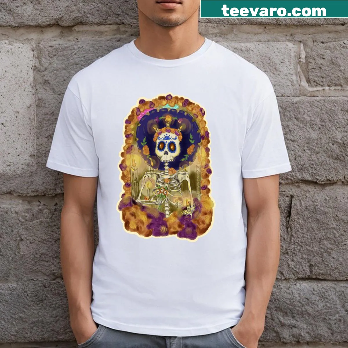 Elegant Catrina design t-shirt representing Day of the Dead traditions — on a men's t-shirt