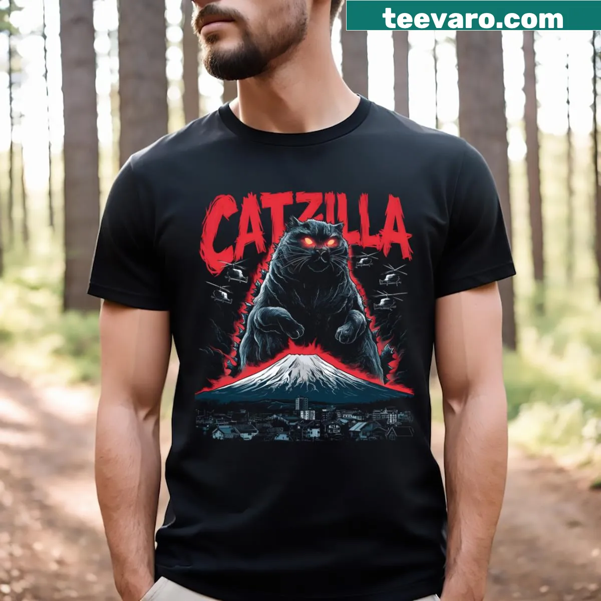 Funny T-shirt featuring 'Catzilla' graphic art of a fat cat. — on a men's t-shirt