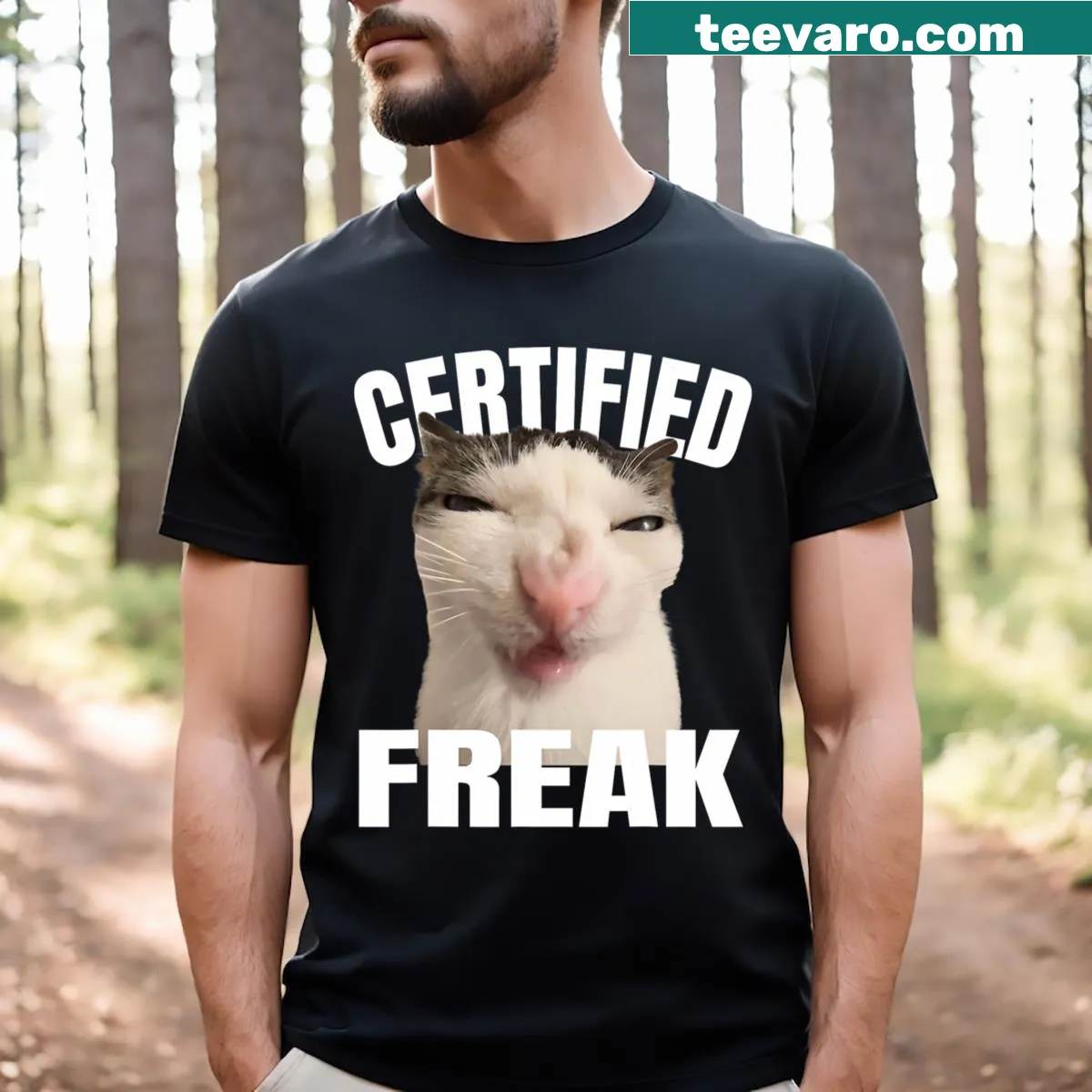 Funny cat meme T-shirt with 'Certified Freak' text for cat-loving women. — on a men's t-shirt