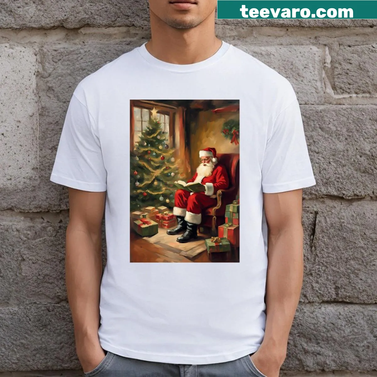 Christmas Wall Art Santa Reading Book T-shirt with classic illustration — on a men's t-shirt