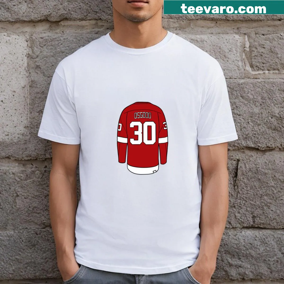 Tribute t-shirt featuring Chris Osgood's jersey design for hockey fans — on a men's t-shirt