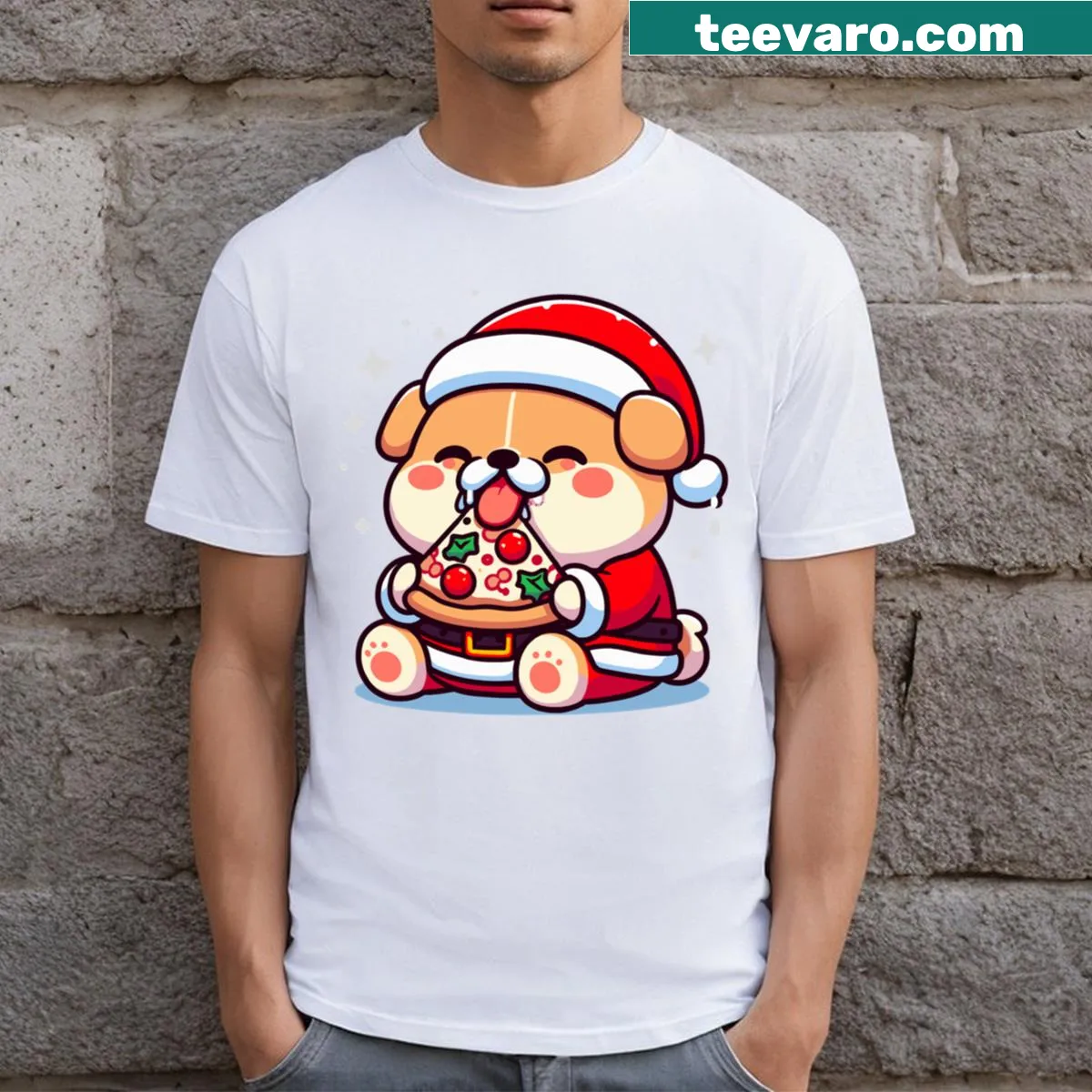 Funny T-shirt featuring a chubby dog eating pizza — on a men's t-shirt
