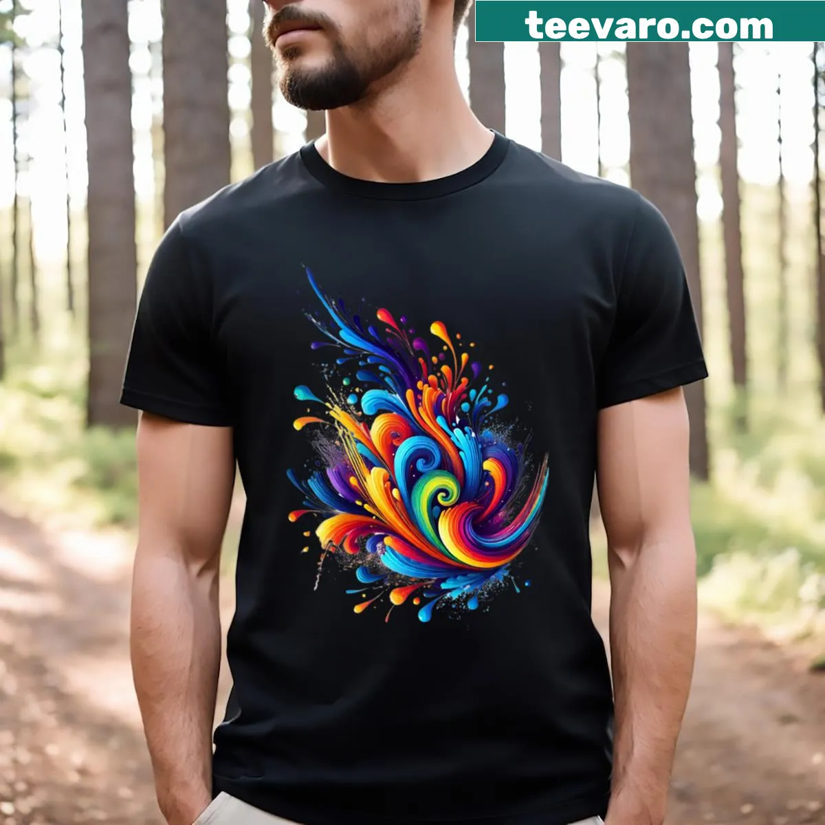 Artistic splash pattern T-shirt, perfect for unique and creative outfits — on a men's t-shirt