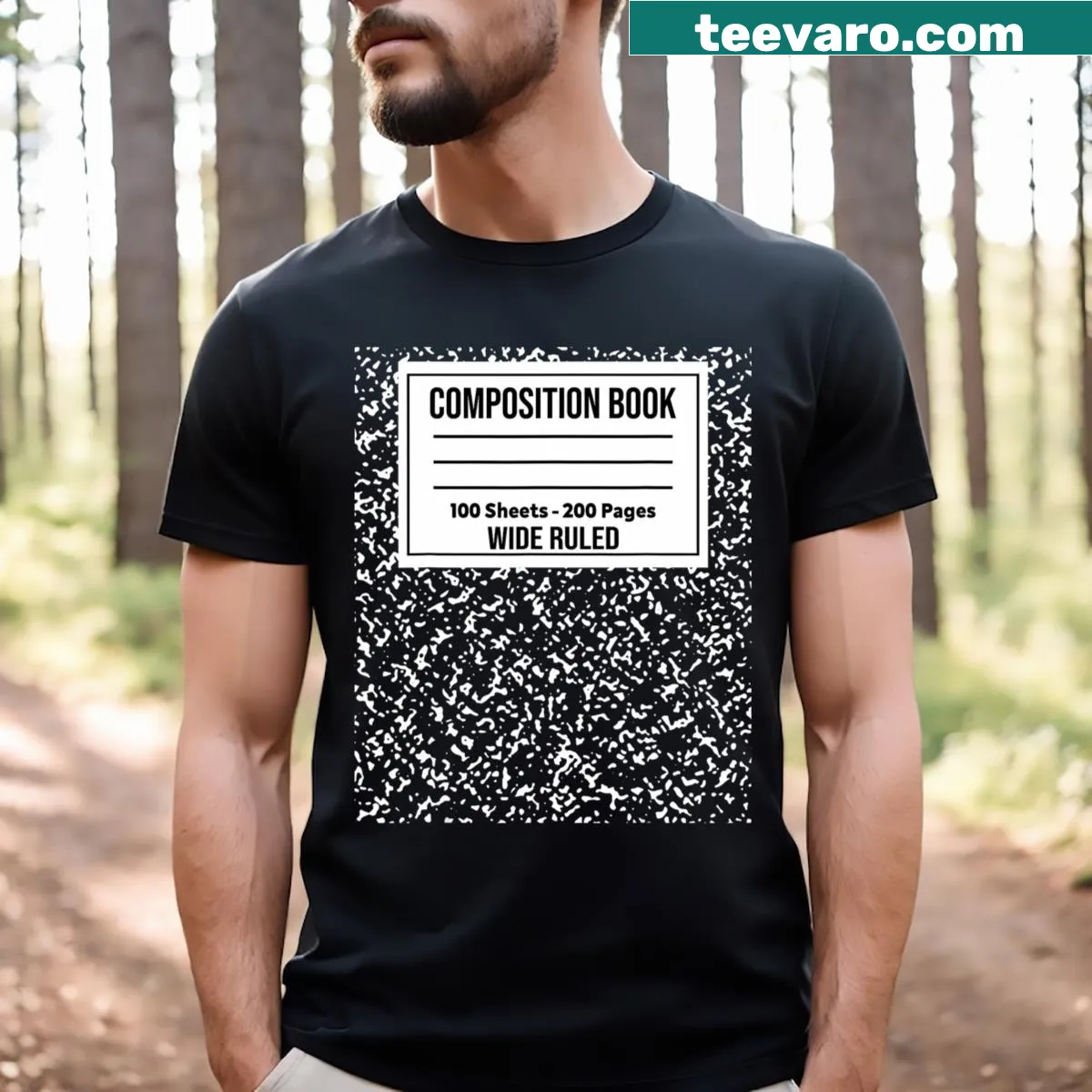 Halloween teacher T-shirt with a composition book design — on a men's t-shirt