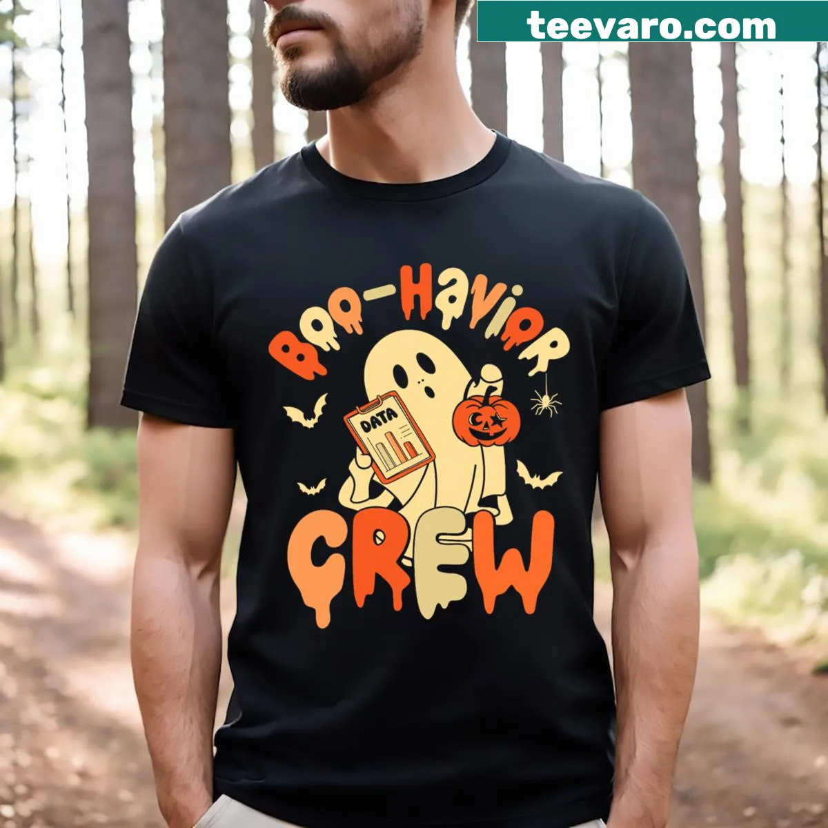 Cute ghost graphic with text 'Boo Havior Crew' on a t-shirt — on a men's t-shirt