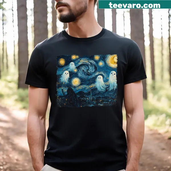 Friendly ghost with Van Gogh-inspired starry night illustration