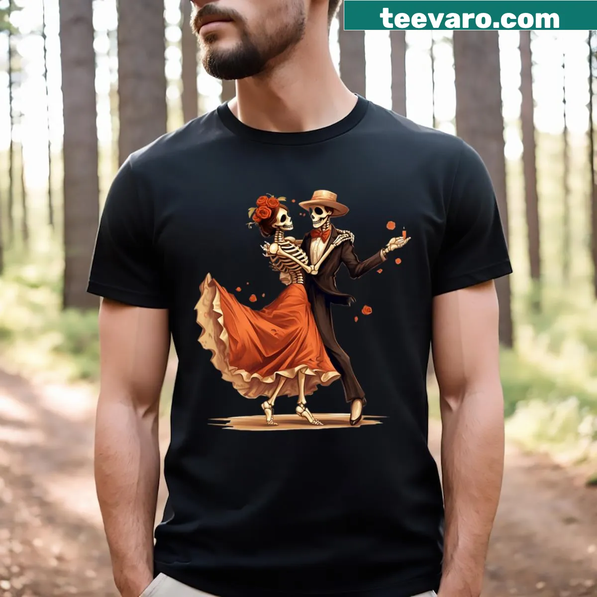 Cartoon skeletons dancing for Día de los Muertos on T-shirt — on a men's t-shirt