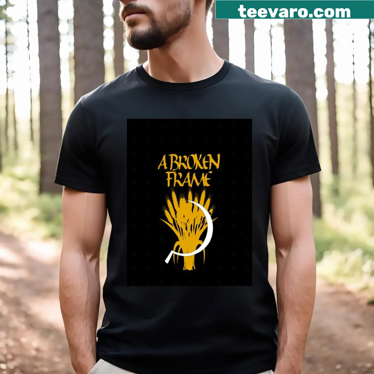 Minimalist typography graphic t-shirt — on a men's t-shirt