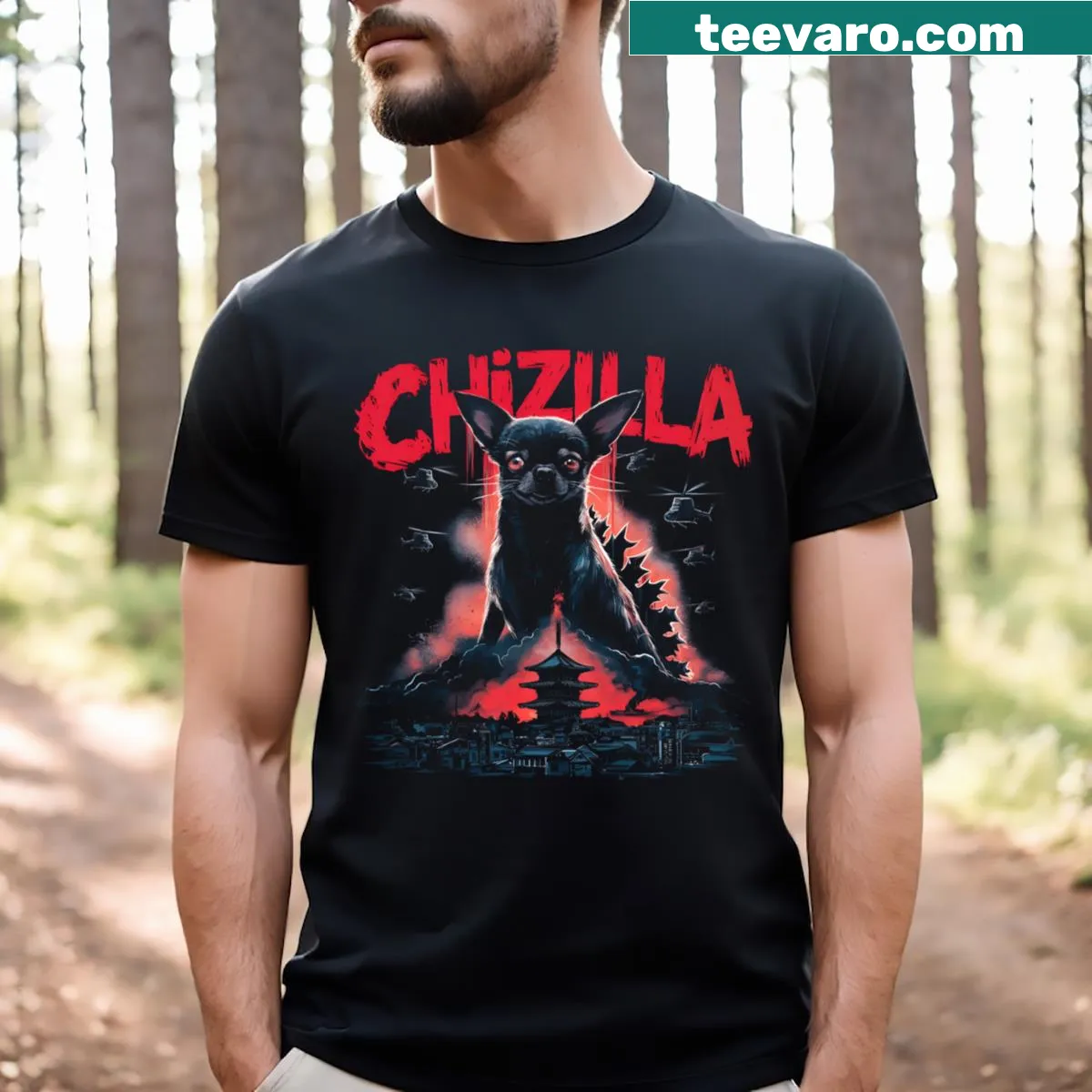 Funny giant Chihuahua graphic t-shirt — on a men's t-shirt