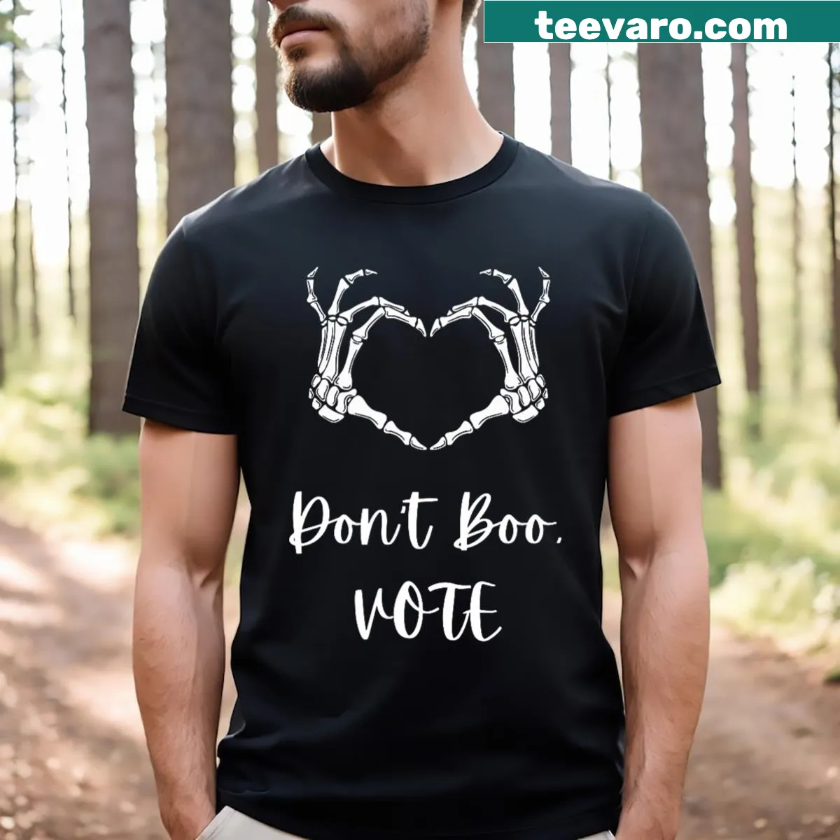 Halloween-themed T-shirt with a message to vote in the 2024 election — on a men's t-shirt