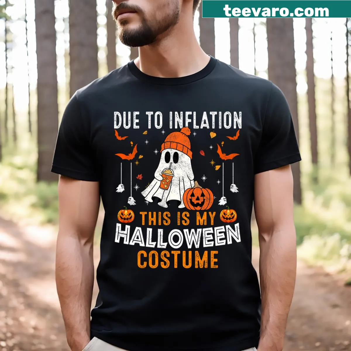 Funny Halloween costume t-shirt with pumpkins and inflation message — on a men's t-shirt