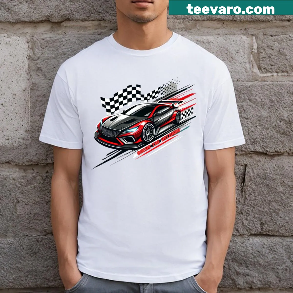 Racing-themed T-shirt with checkered flag and geometric pattern — on a men's t-shirt