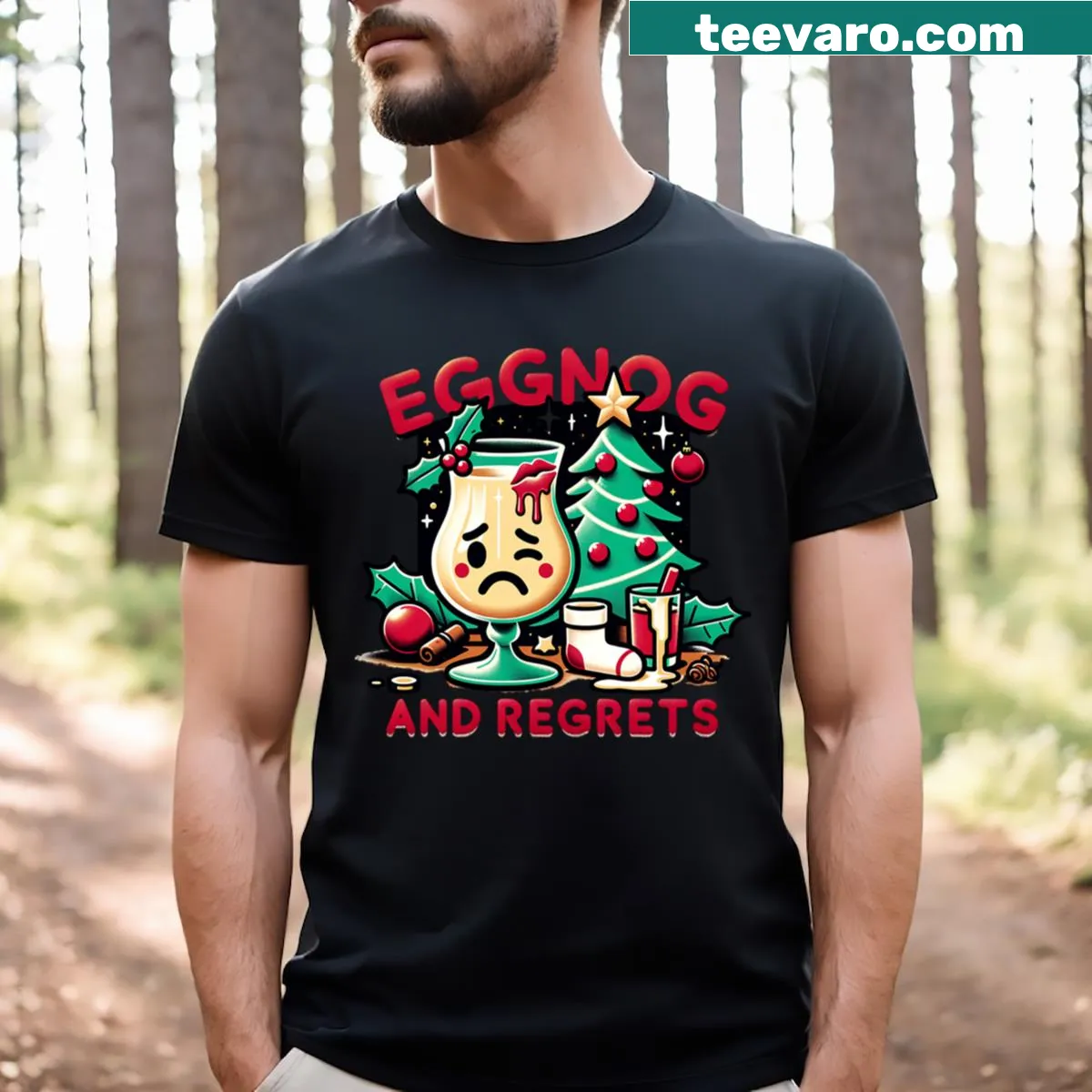 Funny Christmas T-shirt with the phrase 'Eggnog and Regrets.' — on a men's t-shirt
