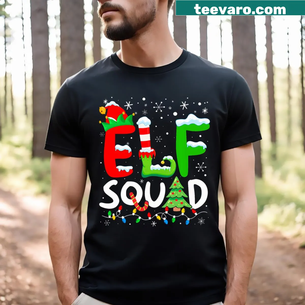 Matching family T-shirt for Christmas featuring an 'Elf Squad' design. — on a men's t-shirt