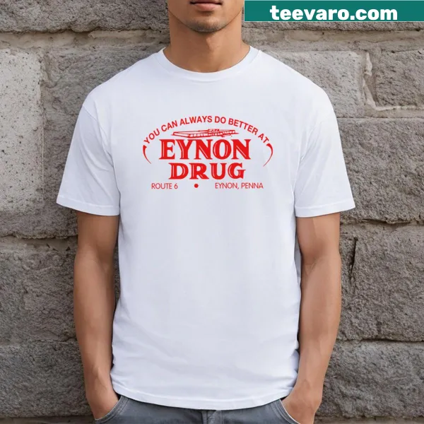 Simple text graphic t-shirt featuring 'Eynon Drug'