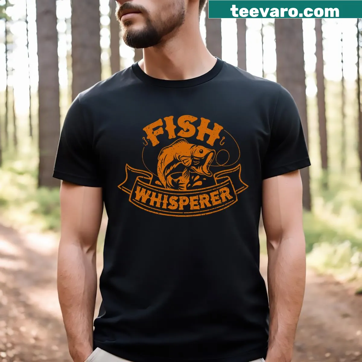 Funny fishing T-shirt with 'Fish Whisperer' text graphic — on a men's t-shirt