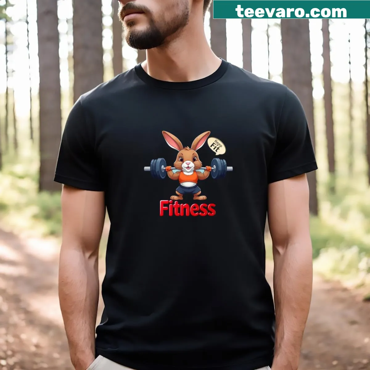 Cartoon rabbit lifting weights on a fitness T-shirt — on a men's t-shirt