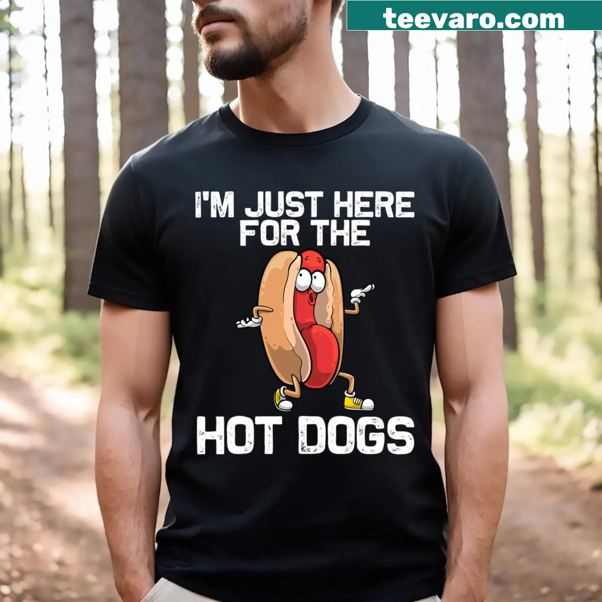 Playful hot dog graphic for food lovers — on a men's t-shirt