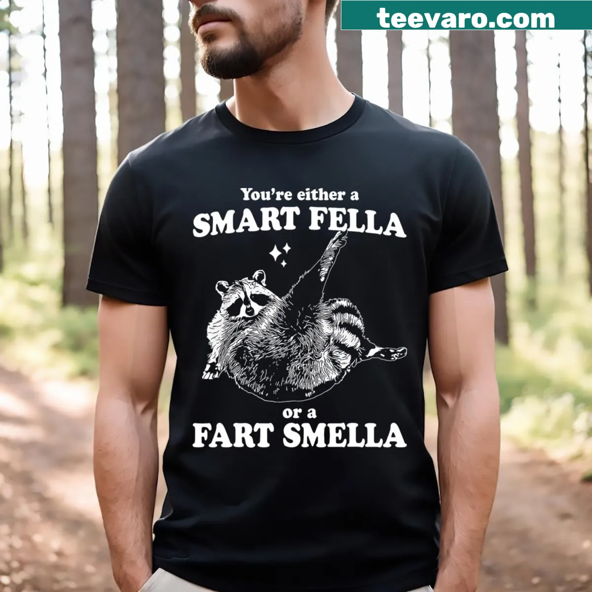 Funny raccoon graphic T-shirt with humorous text — on a men's t-shirt