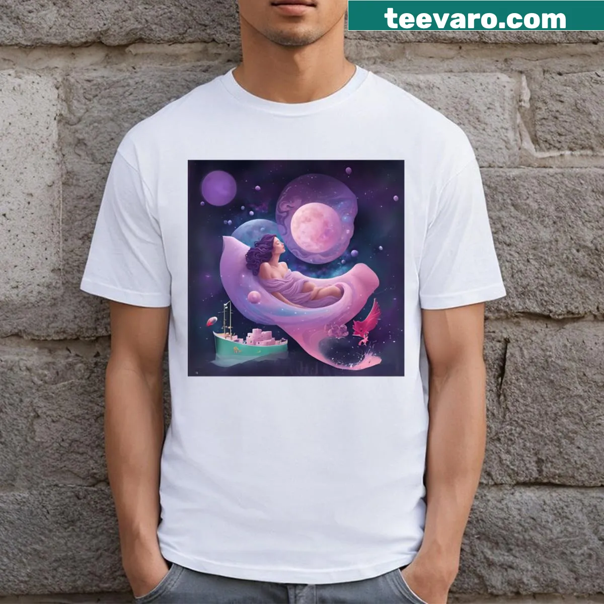 T-shirt with whimsical galactic design and cosmic elements — on a men's t-shirt