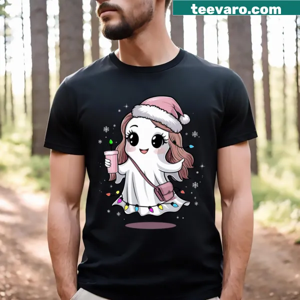 Ghost lady wearing a pink Santa hat on a playful t-shirt design