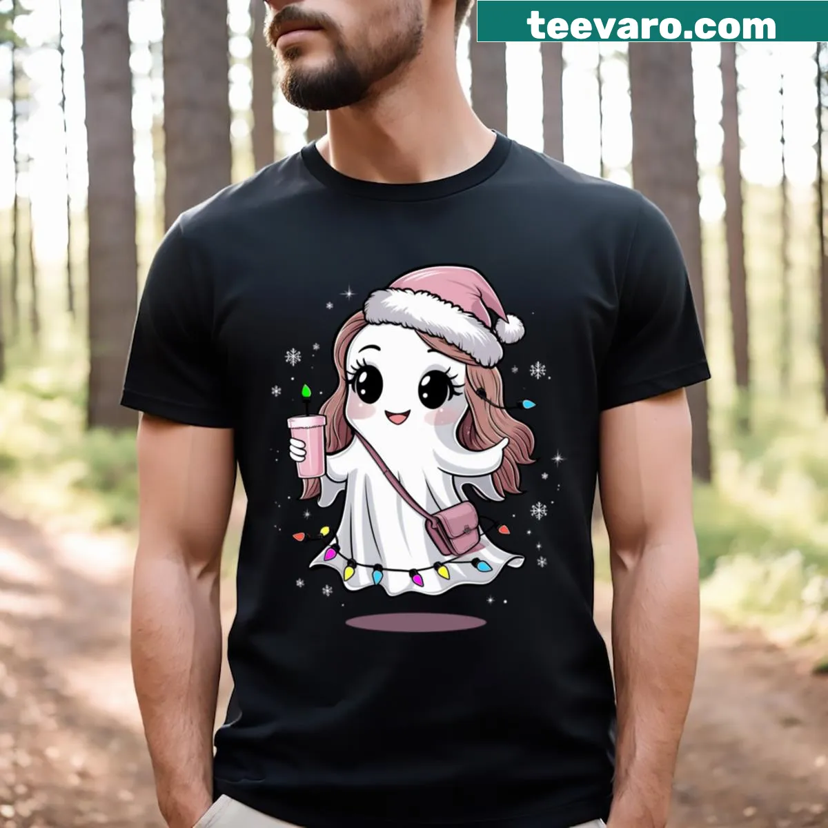 Ghost lady wearing a pink Santa hat on a playful t-shirt design — on a men's t-shirt