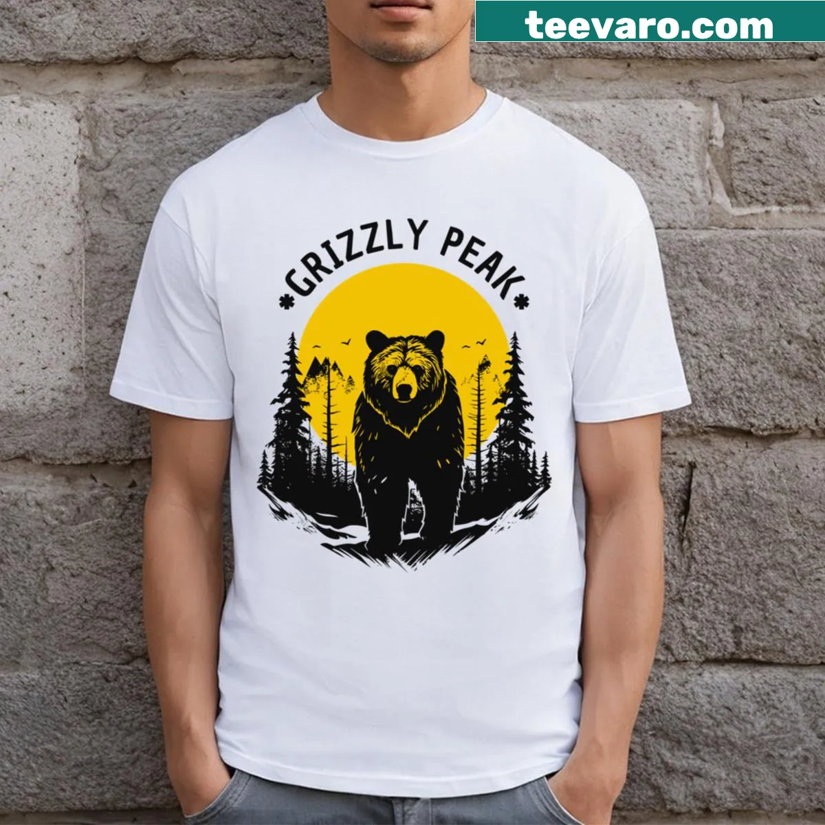 Grizzly Peak outdoor t-shirt featuring mountain silhouette — on a men's t-shirt