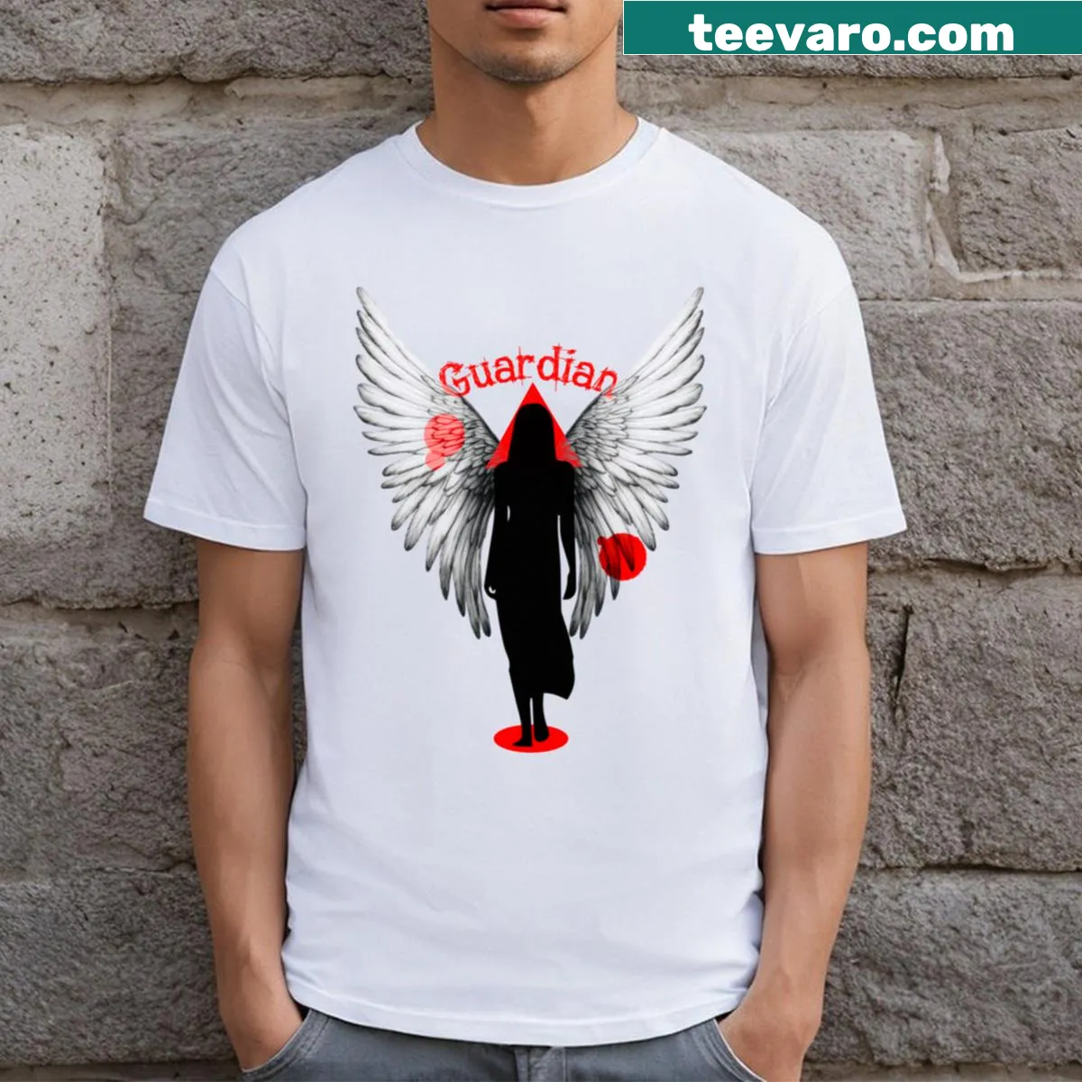 Illustrated guardian angel T-shirt design symbolizing protection — on a men's t-shirt