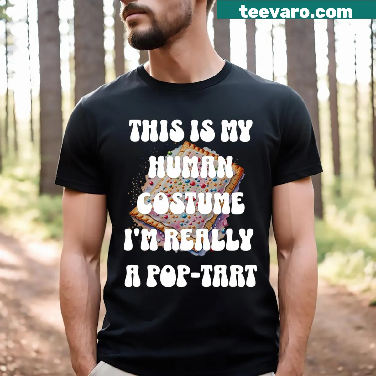 Humorous Halloween T-shirt with Pop Tart costume phrase — on a men's t-shirt