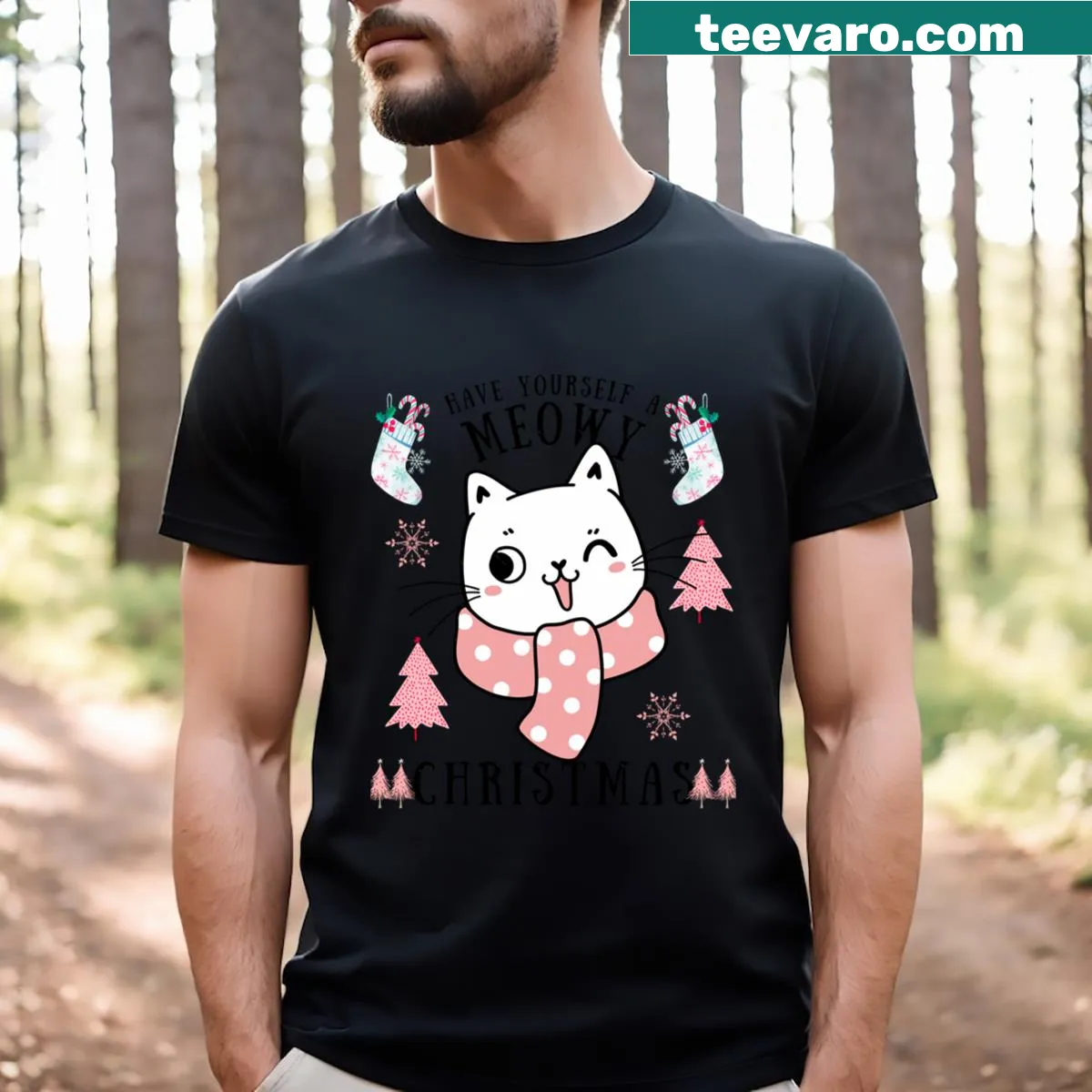 Whimsical cat-themed design with Christmas elements — on a men's t-shirt