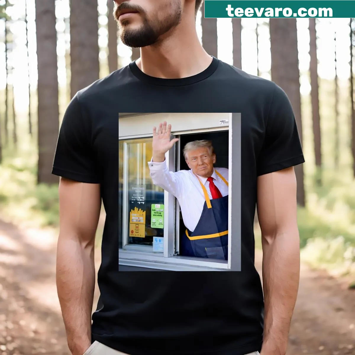 Funny T-shirt with a burger and fry worker graphic — on a men's t-shirt