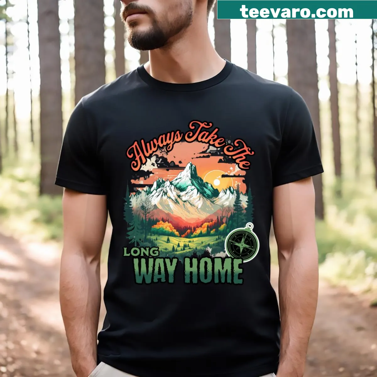Nature-themed T-shirt with hiking slogan — on a men's t-shirt