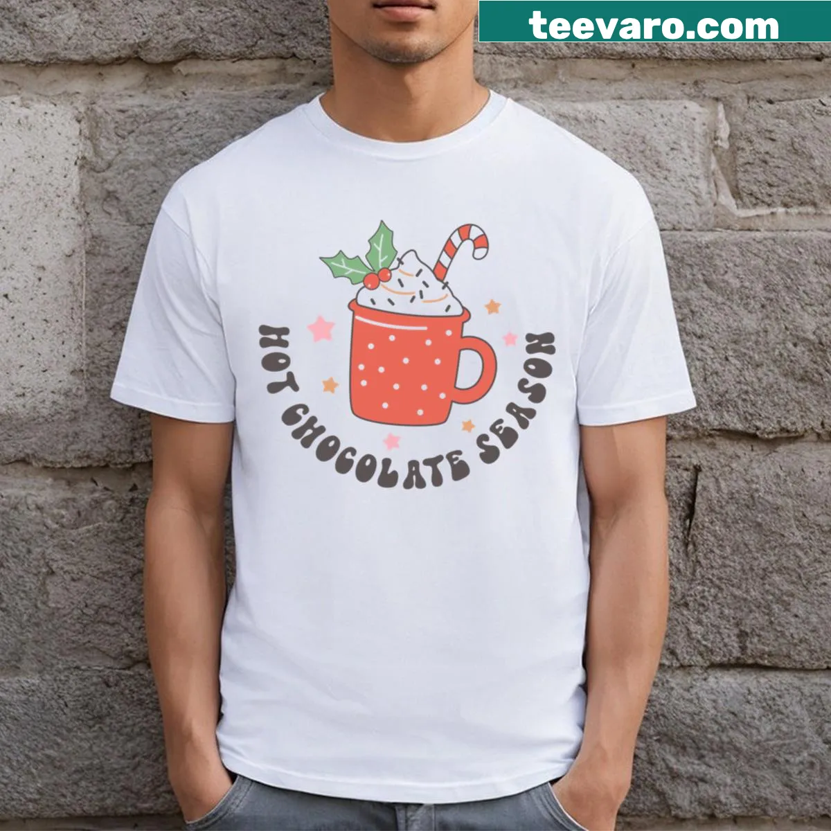 T-shirt featuring the phrase 'Hot Chocolate Season' with a cozy design — on a men's t-shirt