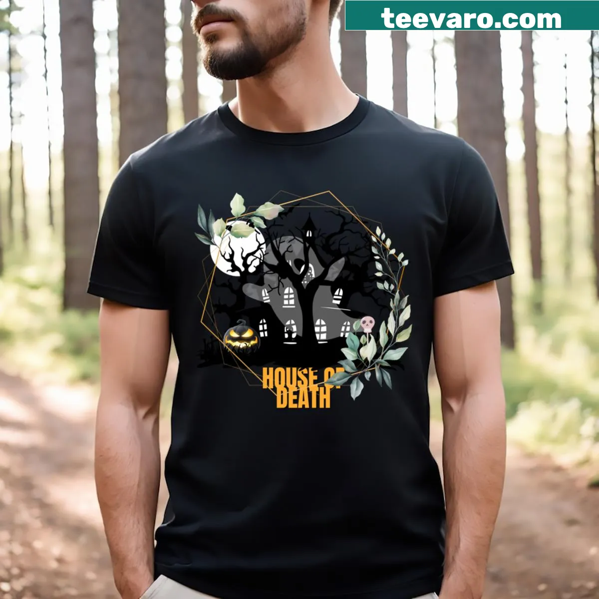 Vintage distressed t-shirt with a spooky House Of Death design — on a men's t-shirt