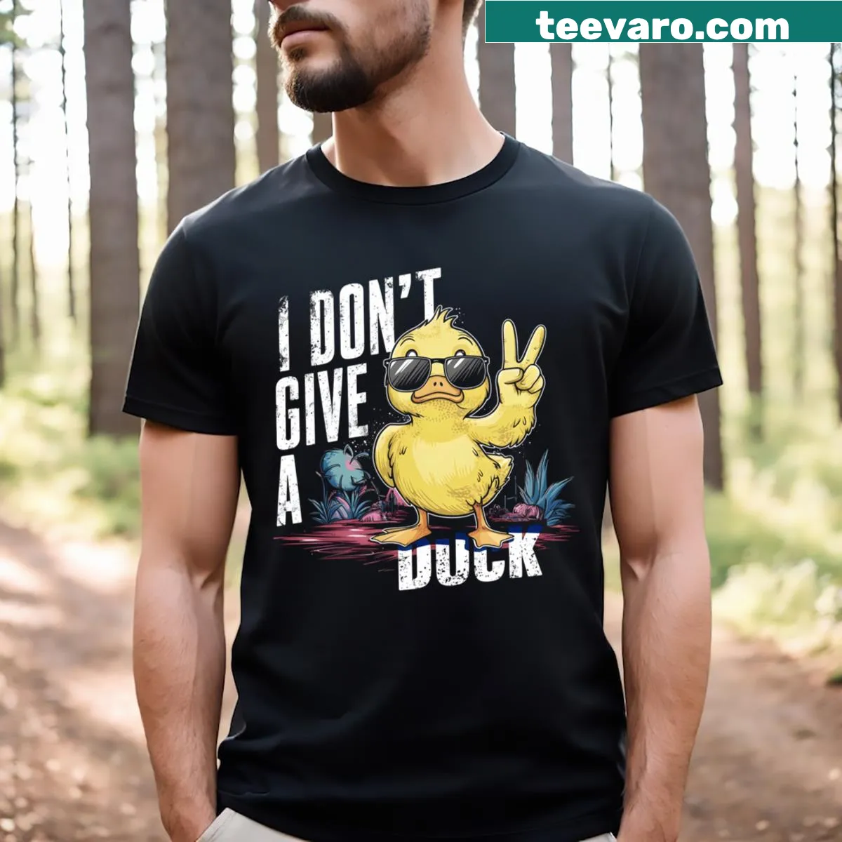 Funny t-shirt featuring a cute yellow duck and humorous text — on a men's t-shirt