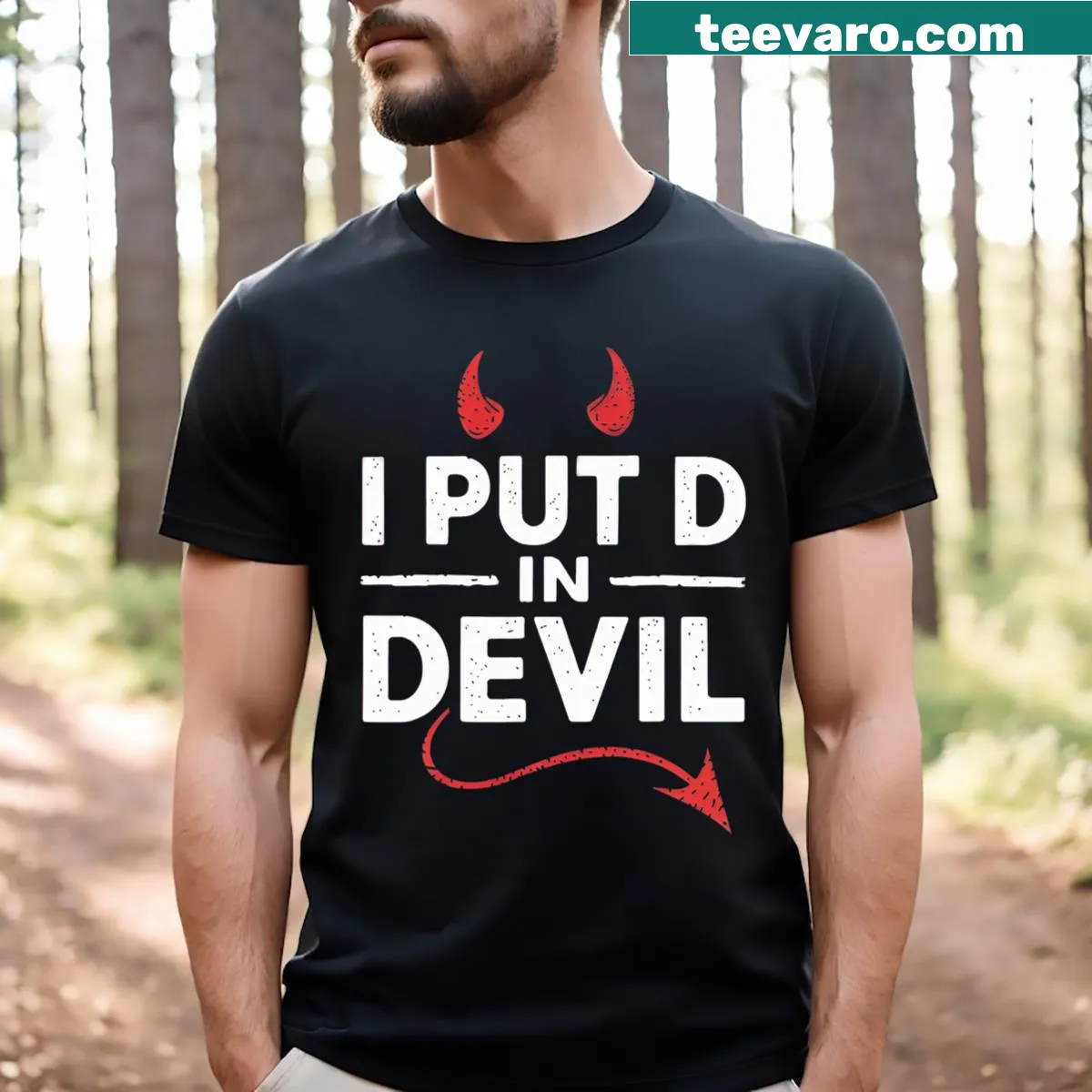 Halloween T-shirt with the phrase 'I Put D In Devil' and devil horns — on a men's t-shirt