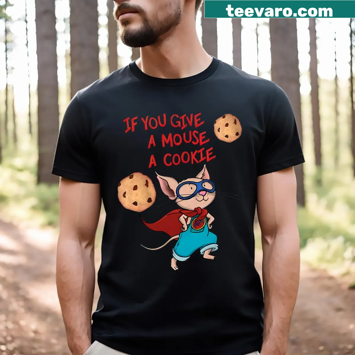 Cute cartoon graphic inspired by If You Give A Mouse A Cookie on T-shirt — on a men's t-shirt