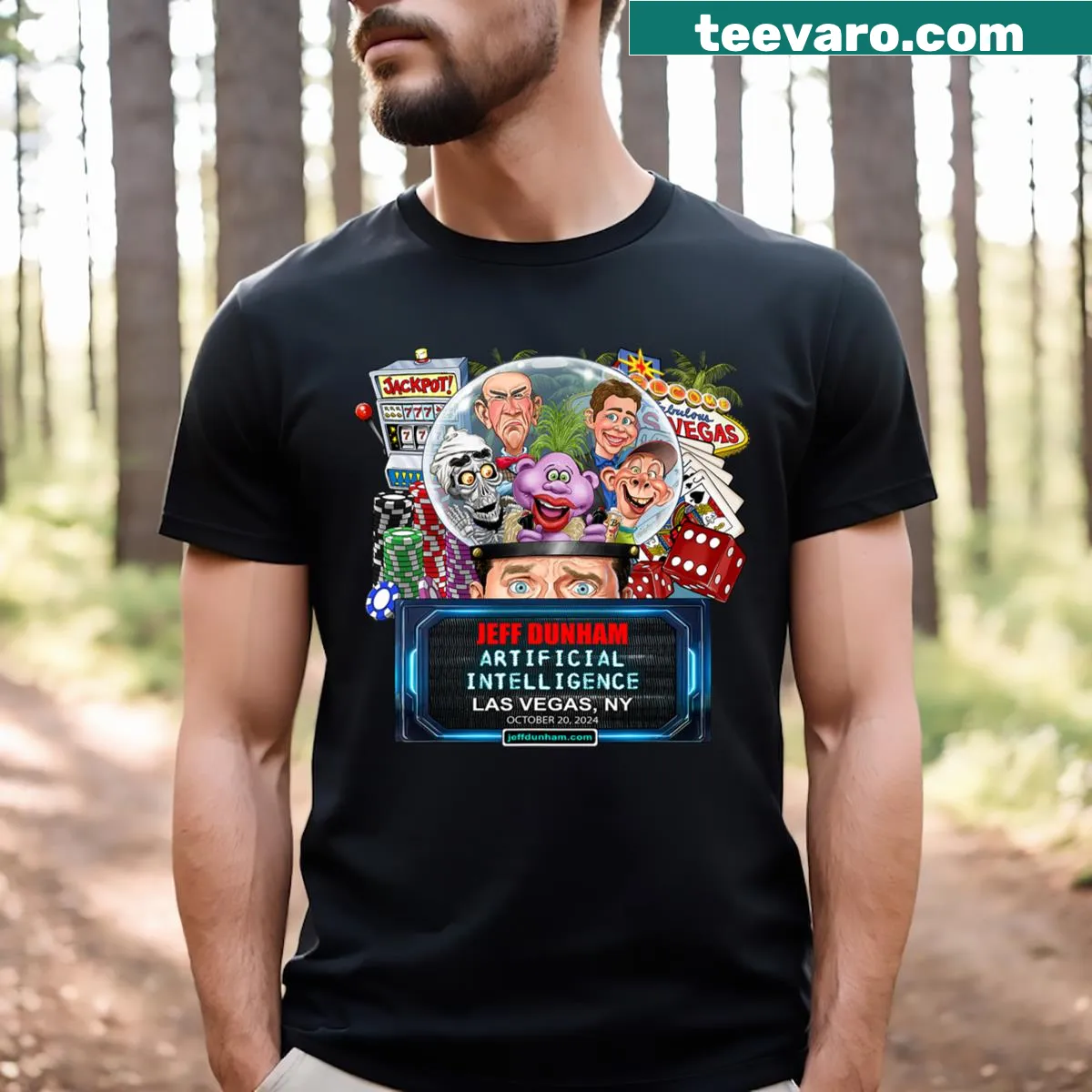 Jeff Dunham Las Vegas 2024 performance graphic on T-shirt — on a men's t-shirt