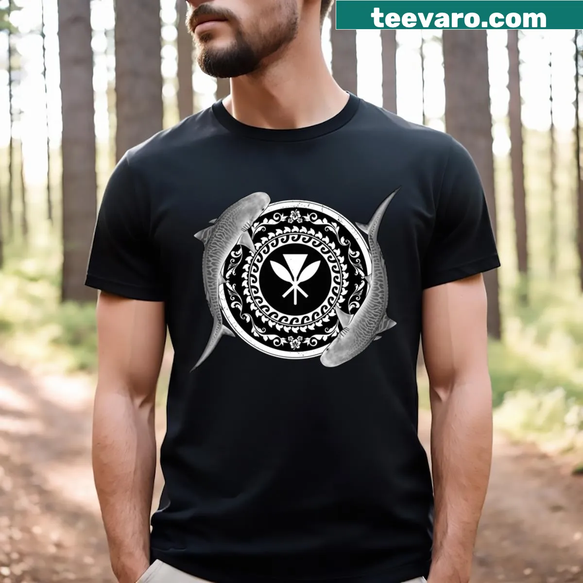 Kanaka Maoli Tiger Shark T-shirt with bold graphic — on a men's t-shirt