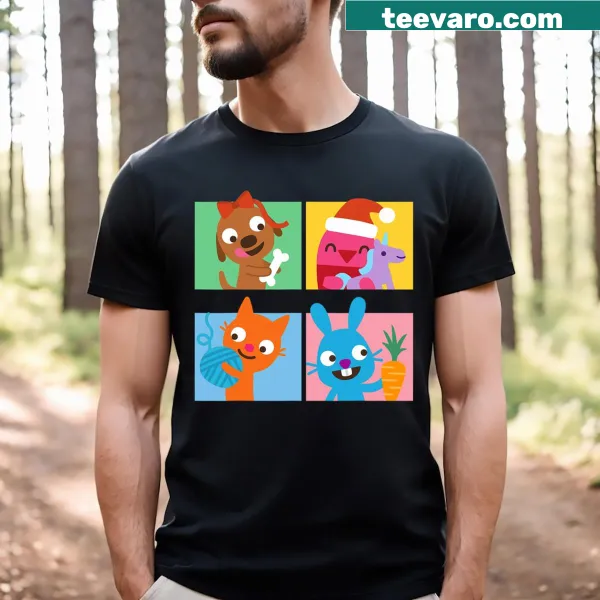 Kids T-shirt featuring Harvey, Robin, and Jinja Jack in festive illustrations
