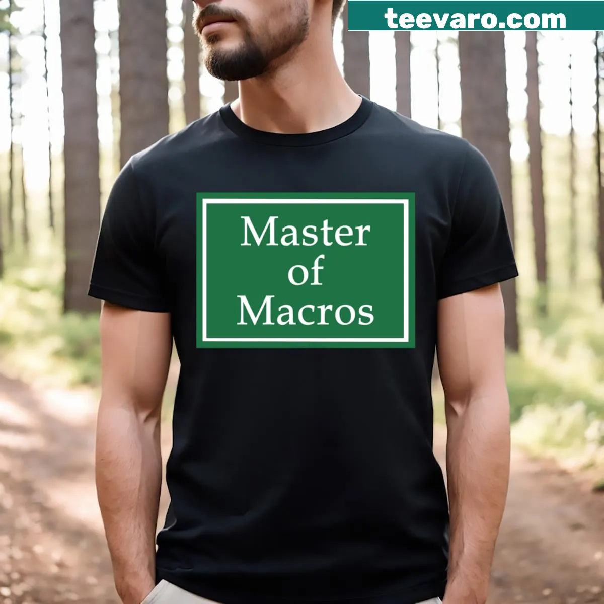 Fitness-themed T-shirt proclaiming Master Of Macros in bold typography — on a men's t-shirt