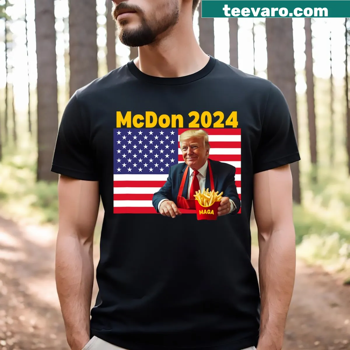 Funny T-shirt of Donald Trump cooking fries for Mcdon 2024 — on a men's t-shirt