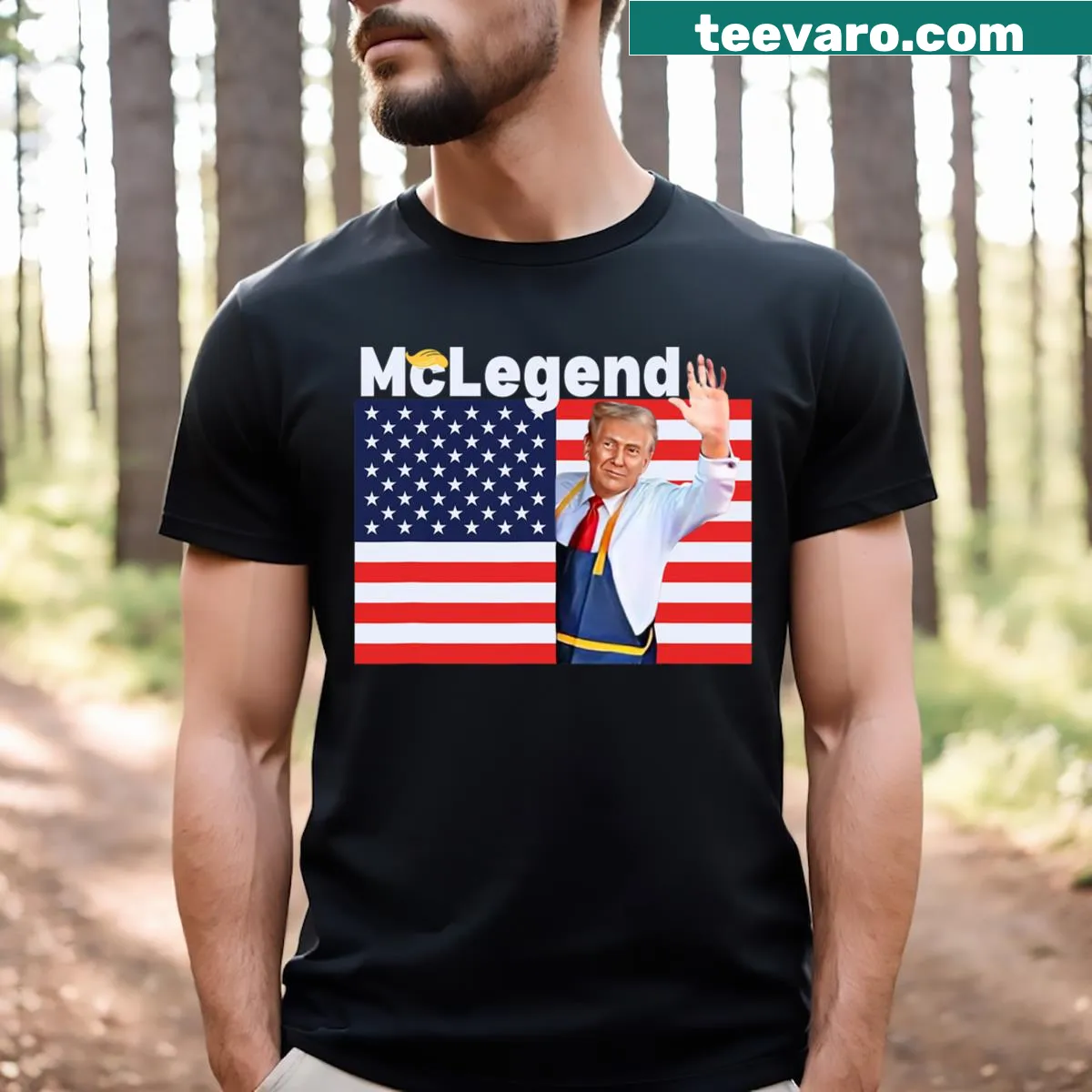 Cartoon fast food worker with fries and USA flag, featuring Trump illustration — on a men's t-shirt