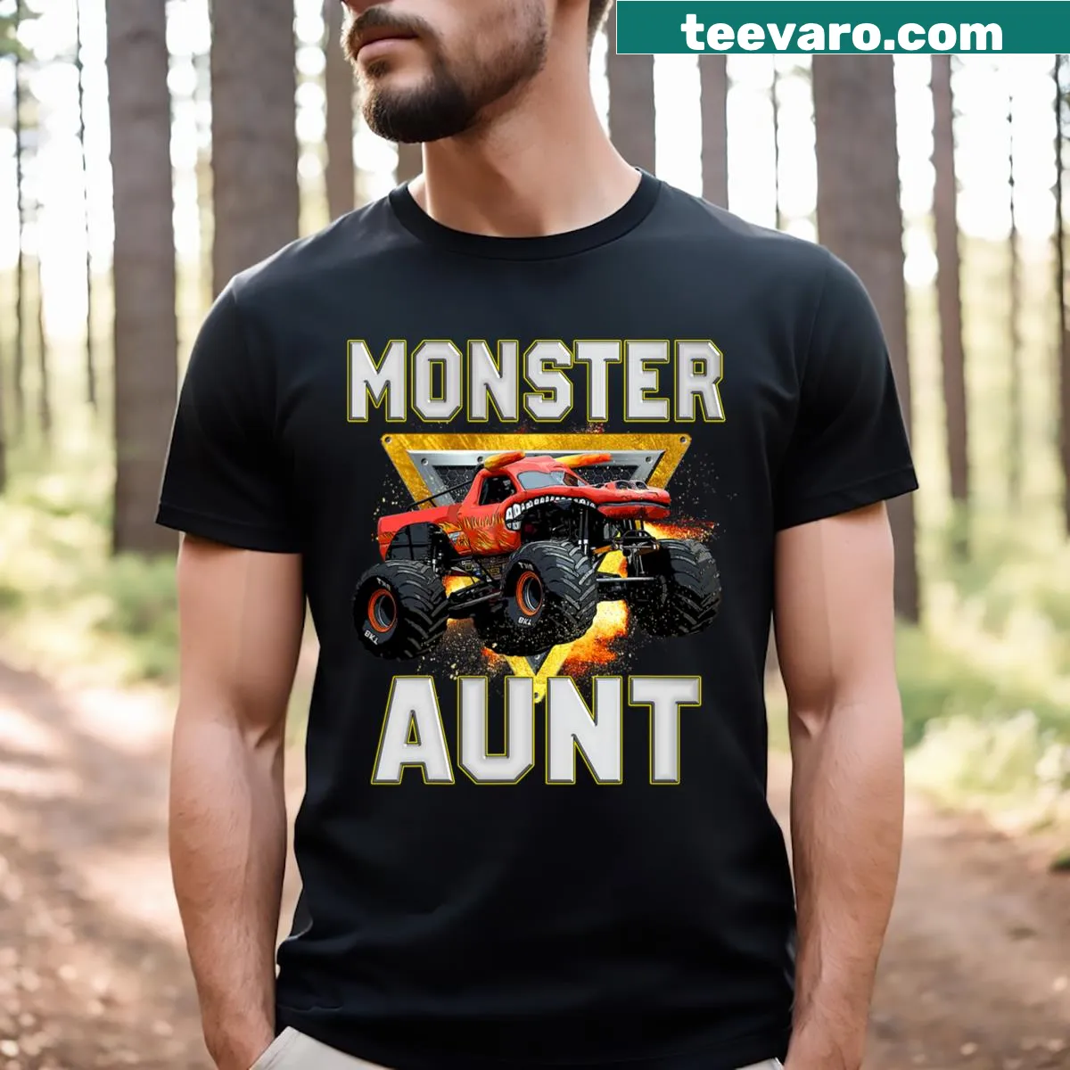 T-shirt featuring the phrase Monster Truck Are My Jam with monster truck illustration — on a men's t-shirt
