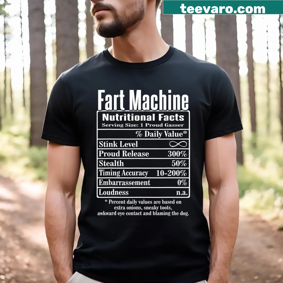 Funny Fart Machine tee with humorous nutritional facts for dads. — on a men's t-shirt